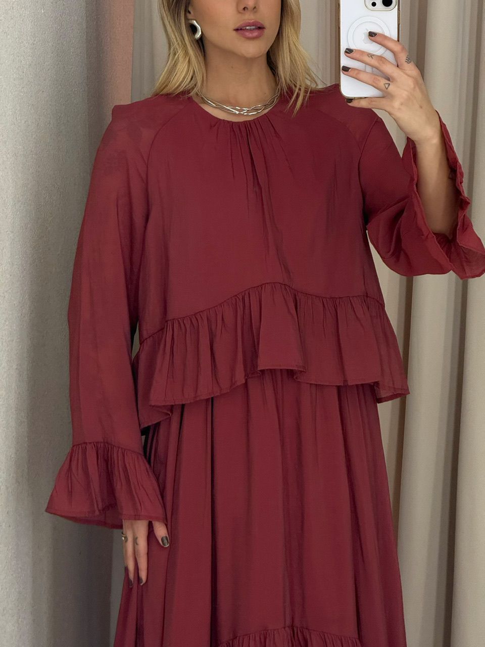 VESTIDO ANGELINE BABADOS TELHA