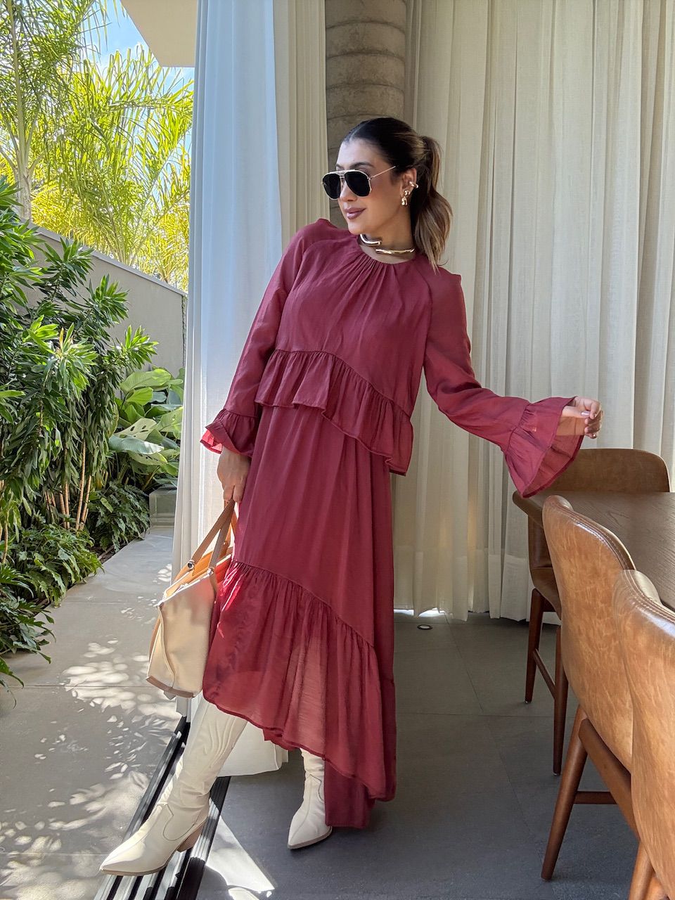 VESTIDO ANGELINE BABADOS TELHA