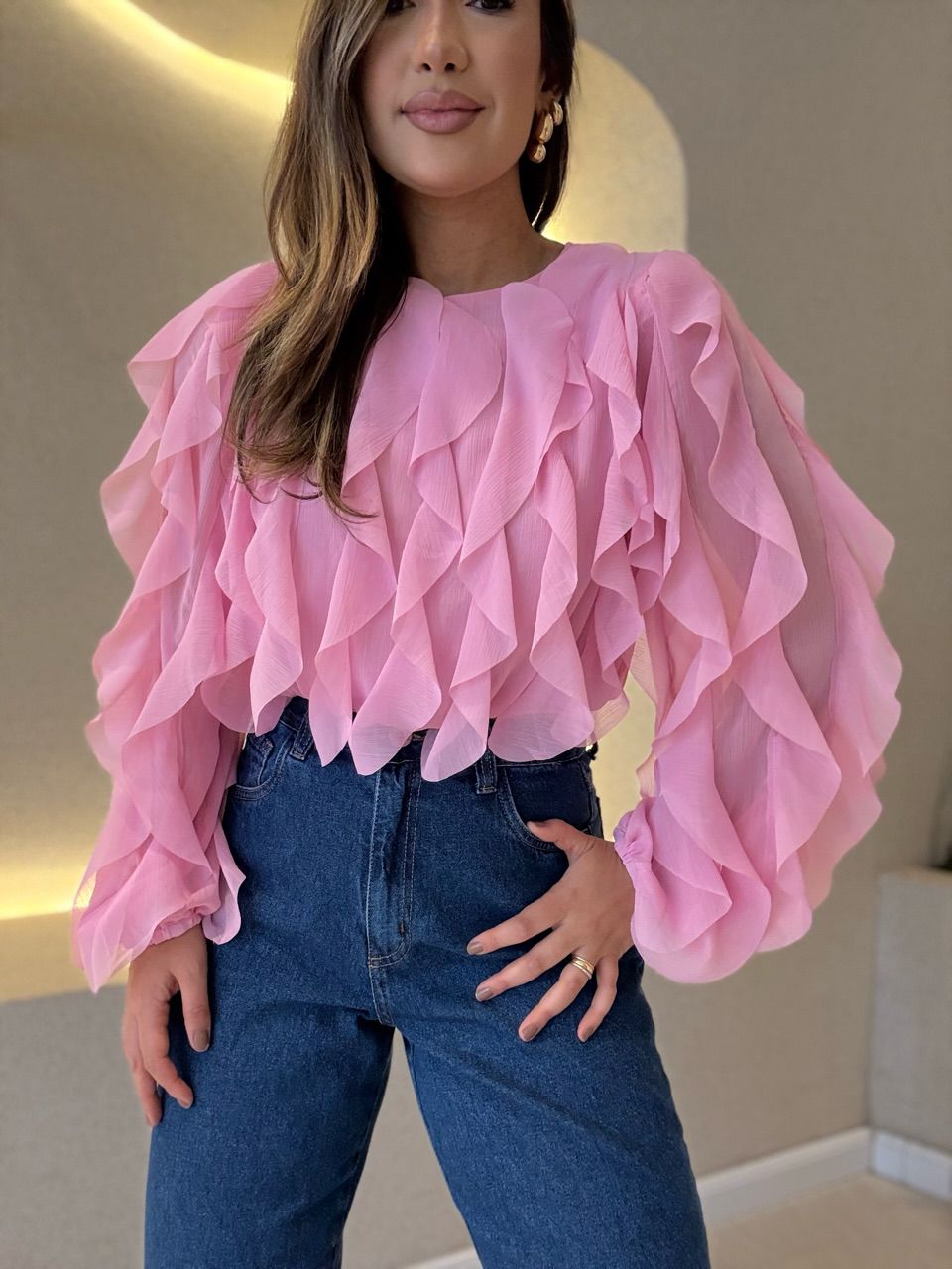 BLUSA MARIA ISIS BABADOS ROSA - 0066440031 - CAROLLA FERRARO