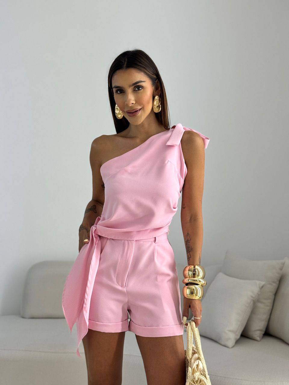 CONJUNTO TAIS BLUSA ASSIMÉTRICA ROSA