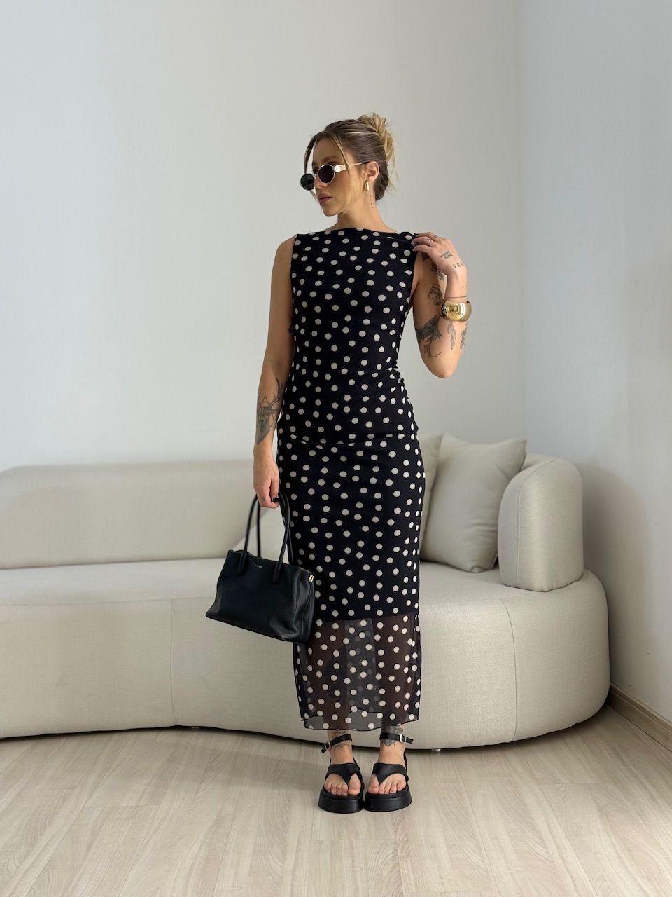VESTIDO GRETA TULE POÁ PRETO