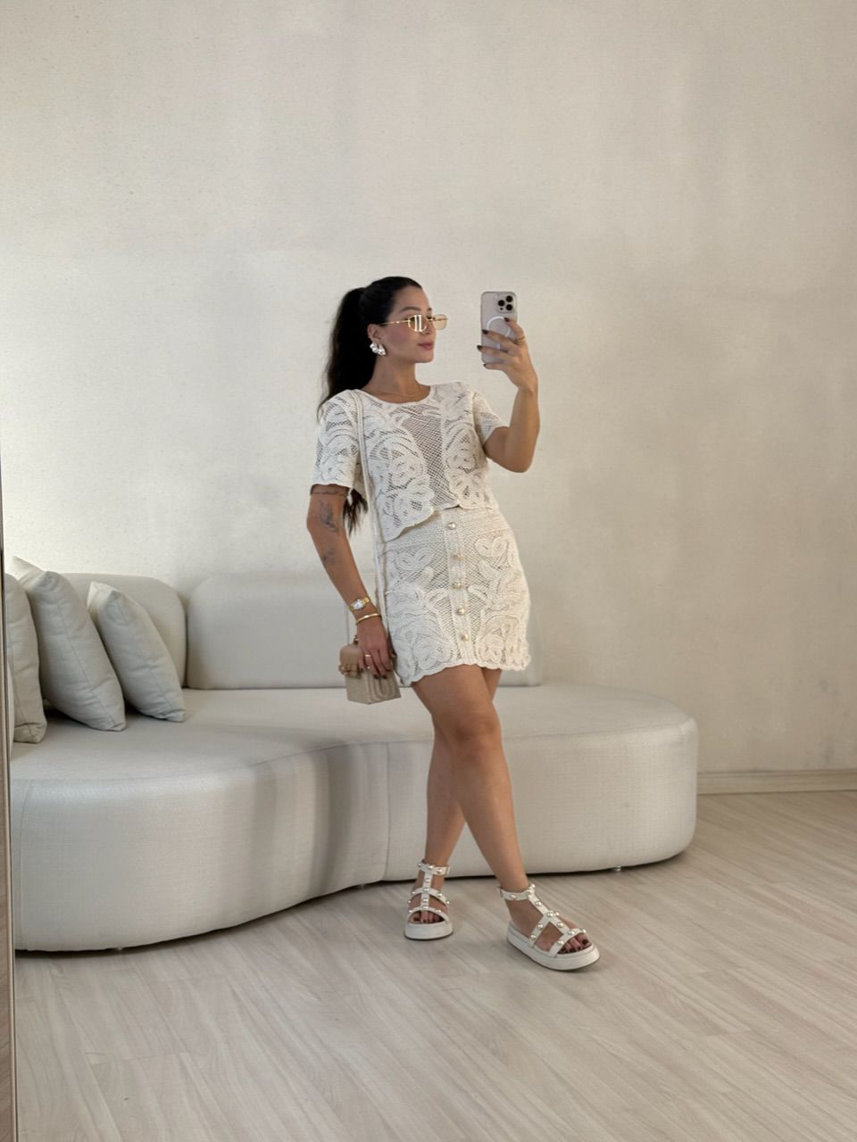 CONJUNTO CROCHÊ SAIA BOTÕES CRU - 0057450132 - CAROLLA FERRARO