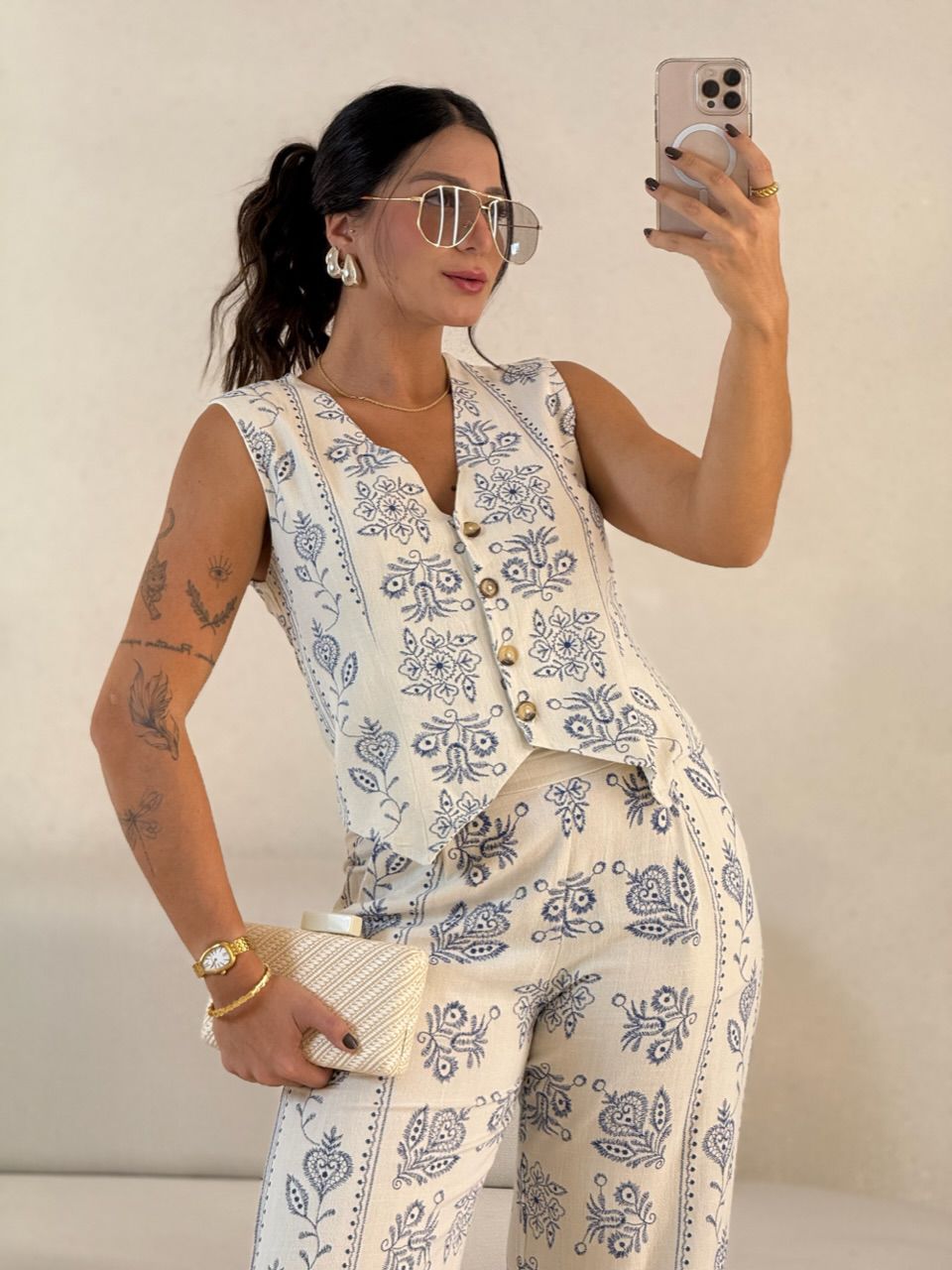 CONJUNTO GABI COLETE CALÇA CRU/AZUL