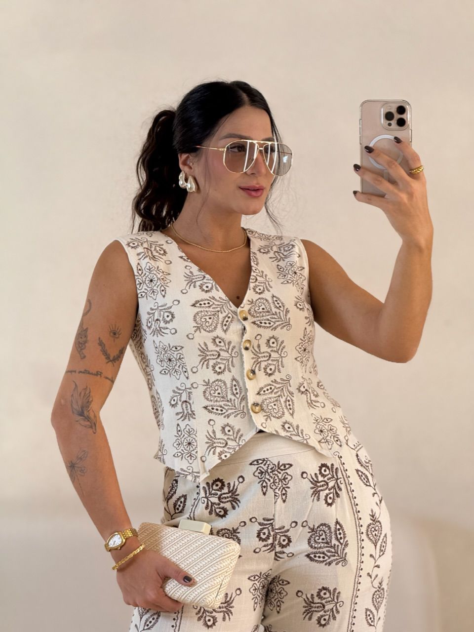 CONJUNTO GABI COLETE CALÇA CRU/MARROM