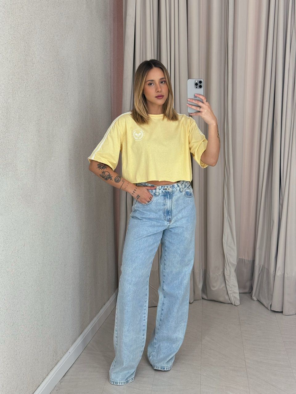 CROPPED BEVERLY HILLS LISTRAS AMARELO