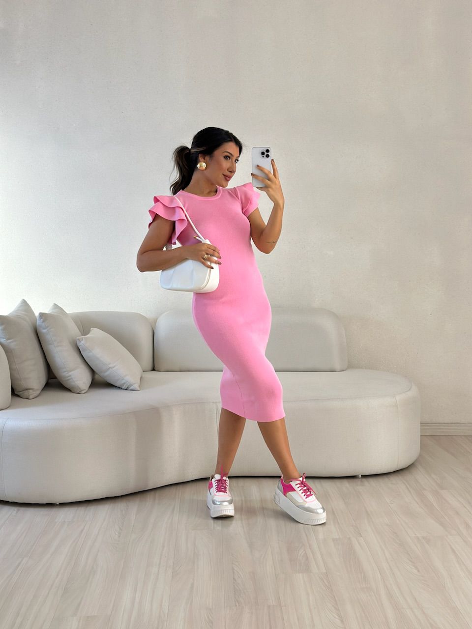 VESTIDO JANE MANGA BABADOS BABY PINK - 0057530366 - CAROLLA FERRARO