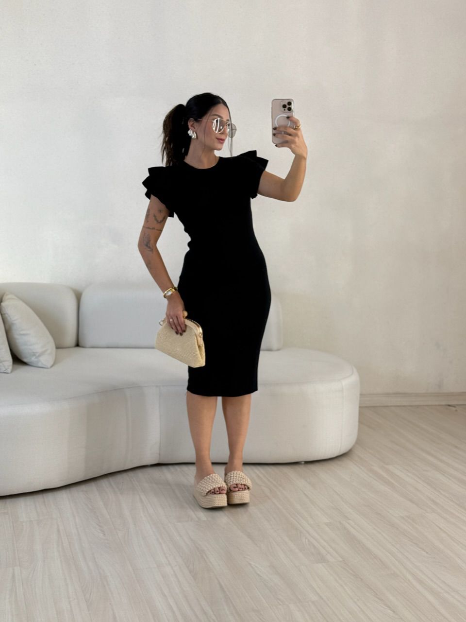 VESTIDO JANE MANGA BABADOS preto