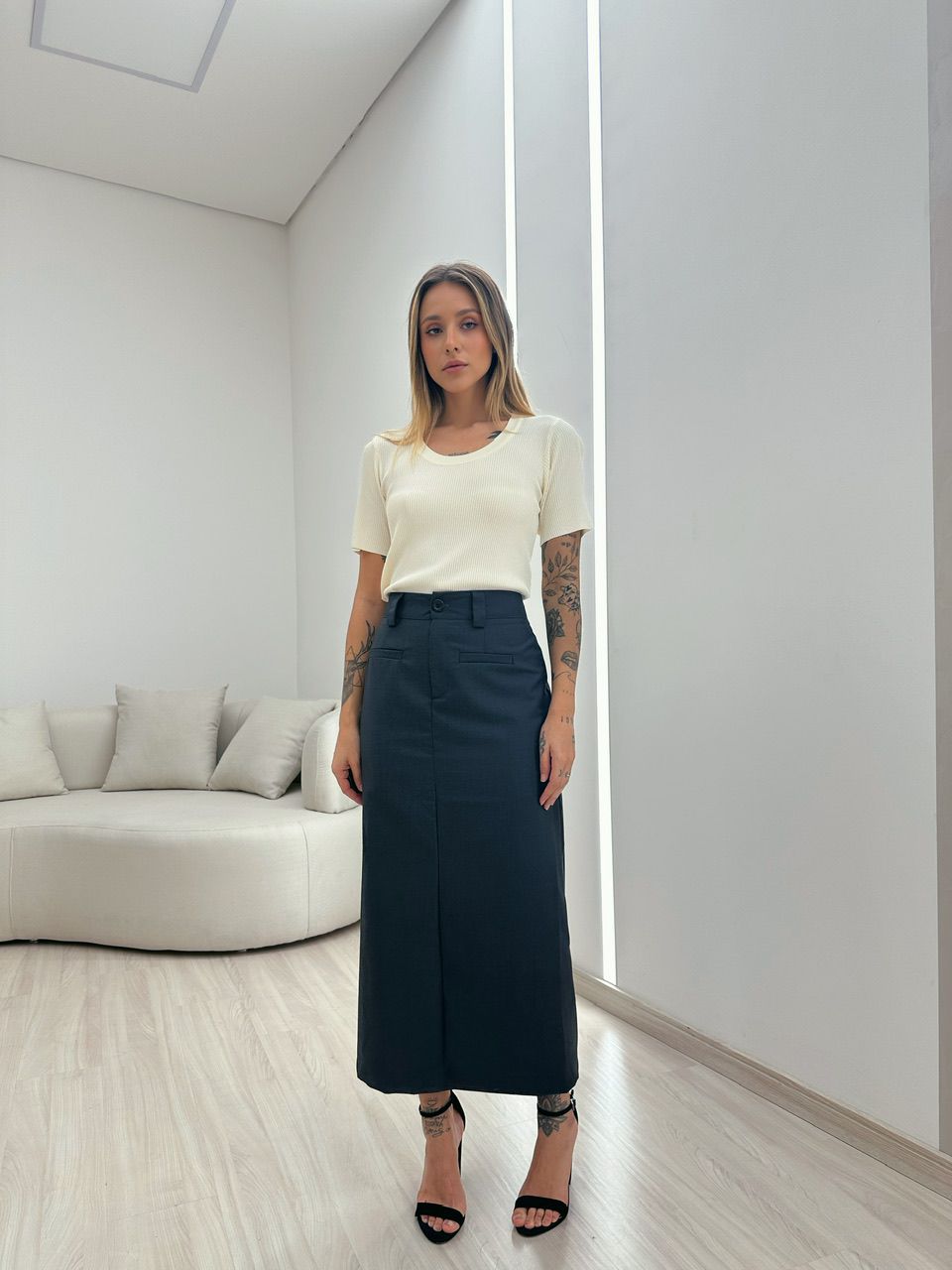 BLUSA MALHA TRICÔ CANELADA MARFIM