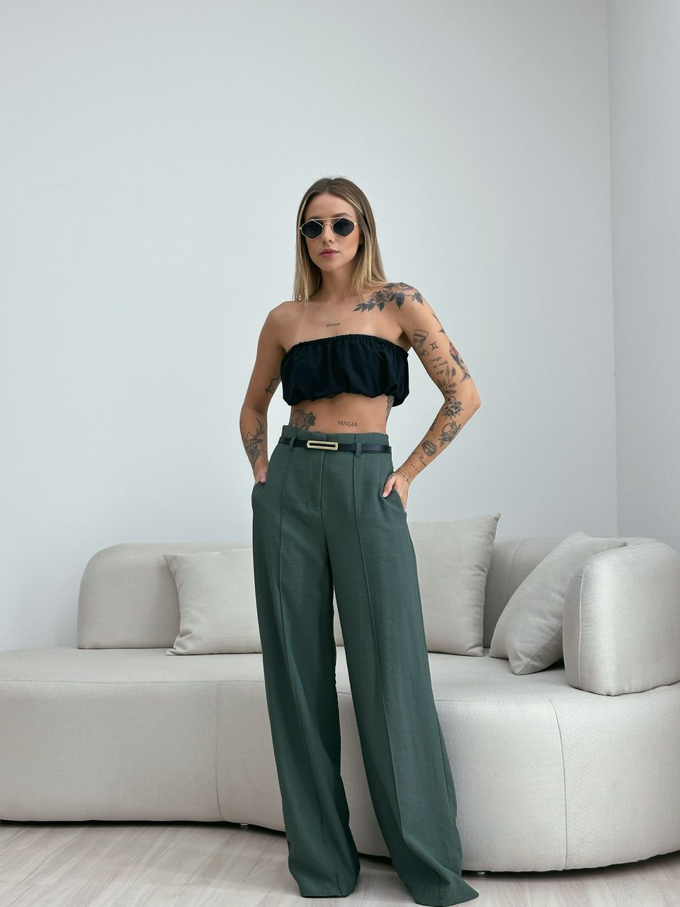 CALÇA JÚLIA PANTALONA VERDE MILITAR
