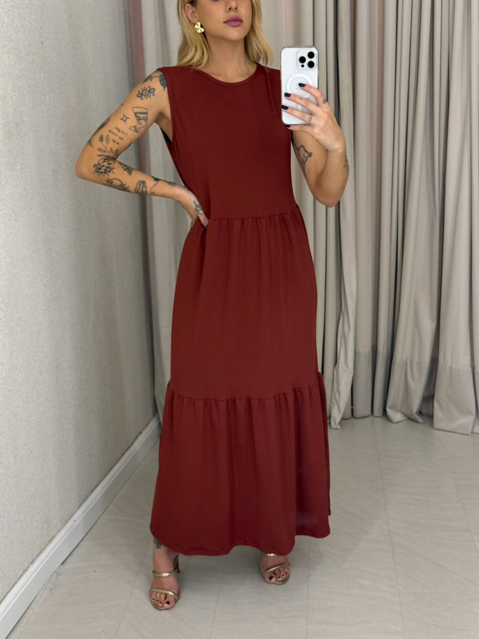 VESTIDO GILDA CAVADO TELHA