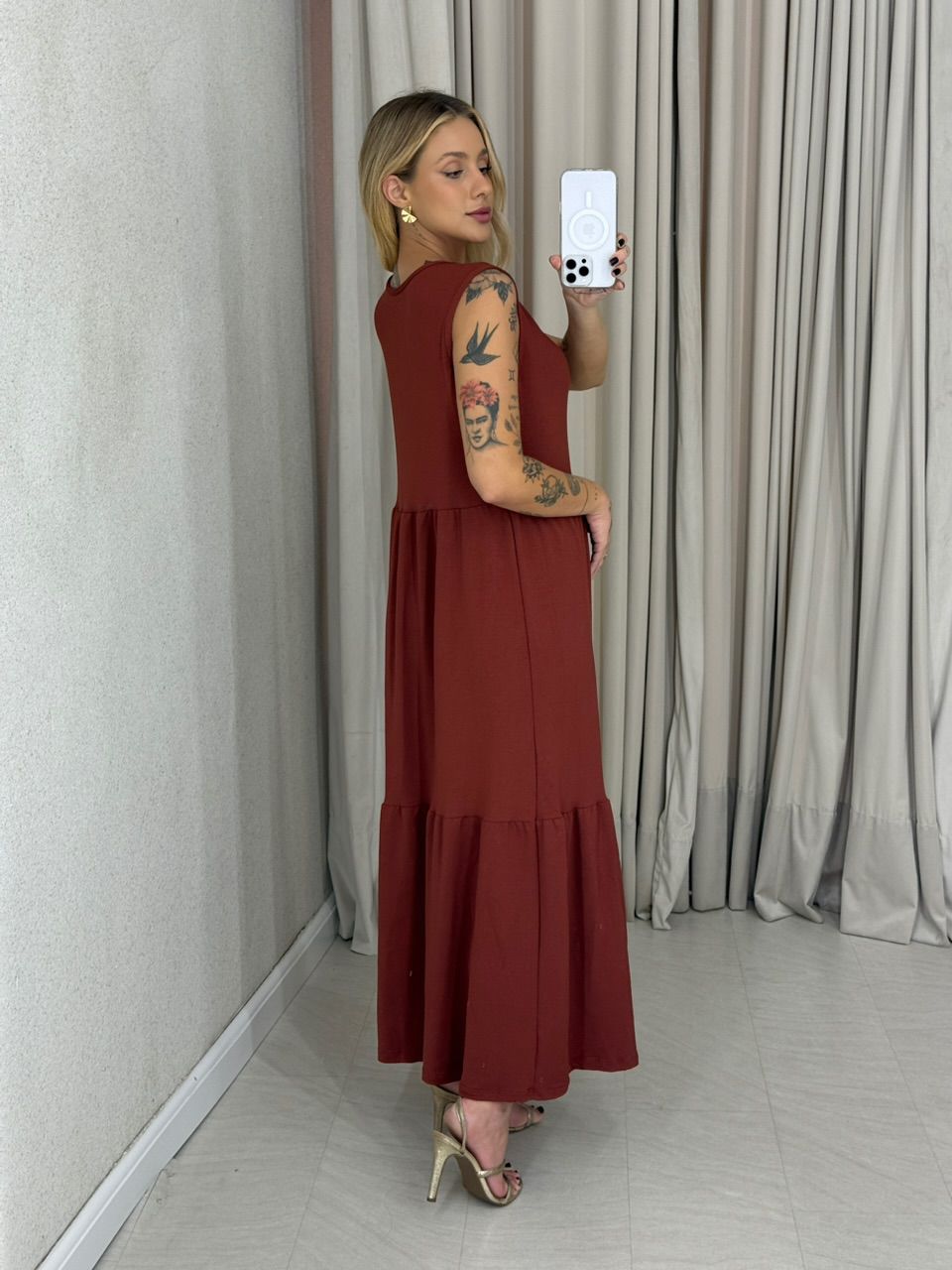 VESTIDO GILDA CAVADO TELHA