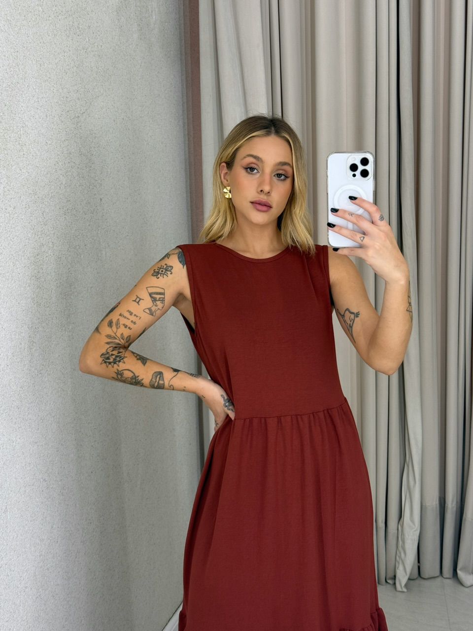 VESTIDO GILDA CAVADO TELHA
