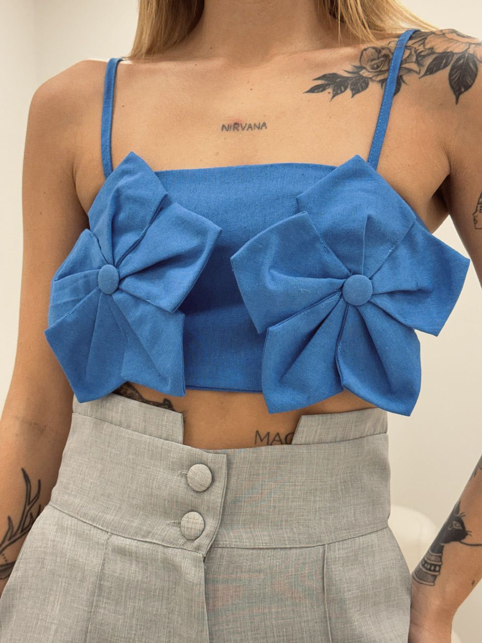 TOP FLOR LINHO AZUL
