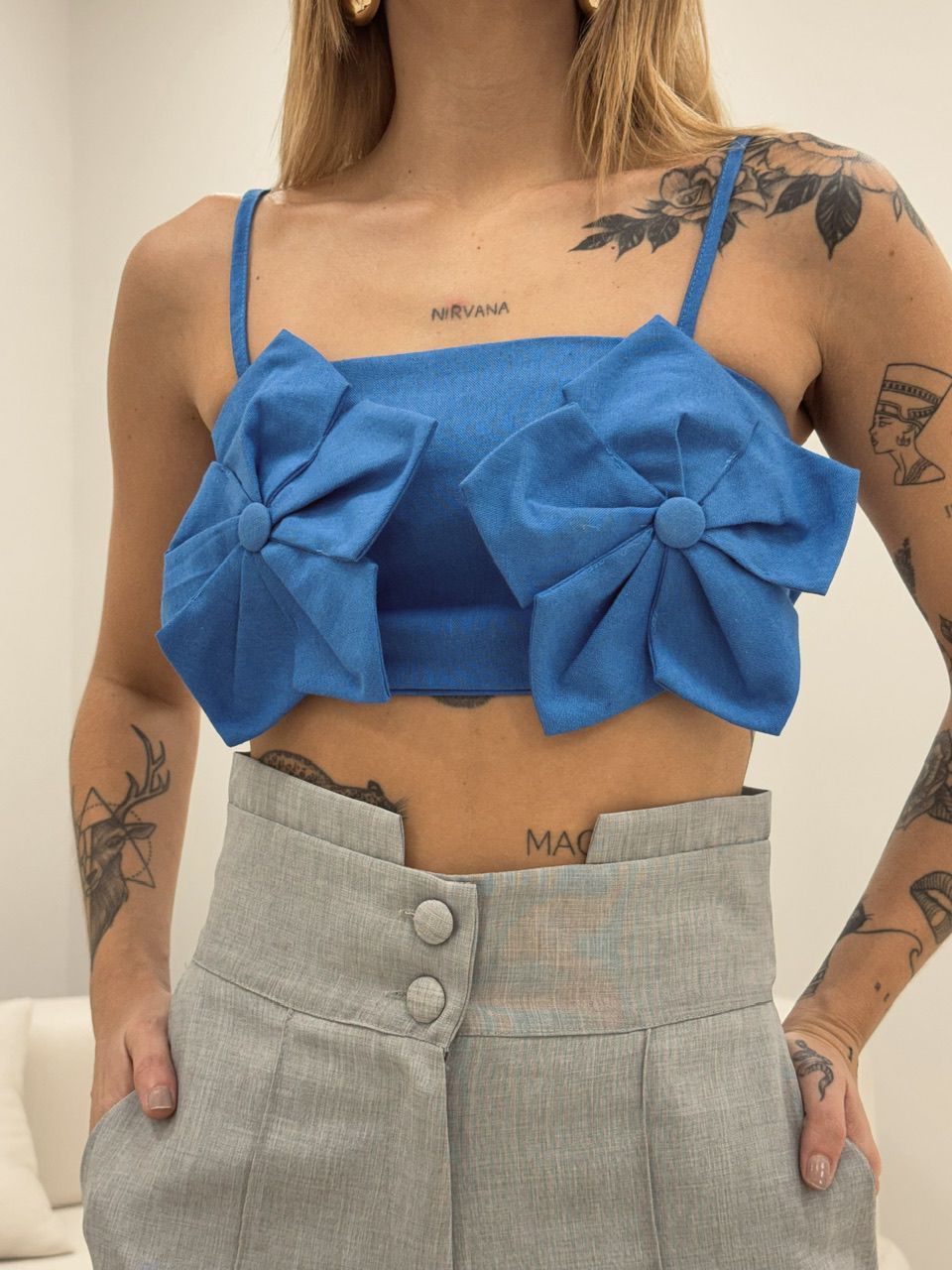 TOP FLOR LINHO AZUL