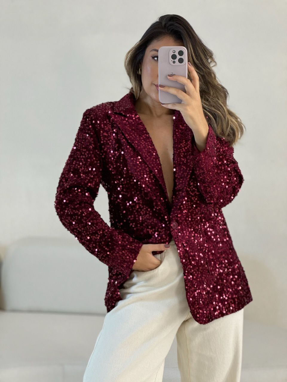 BLAZER LETÍCIA PAETÊ CHERRY RED - 0054340330 - CAROLLA FERRARO