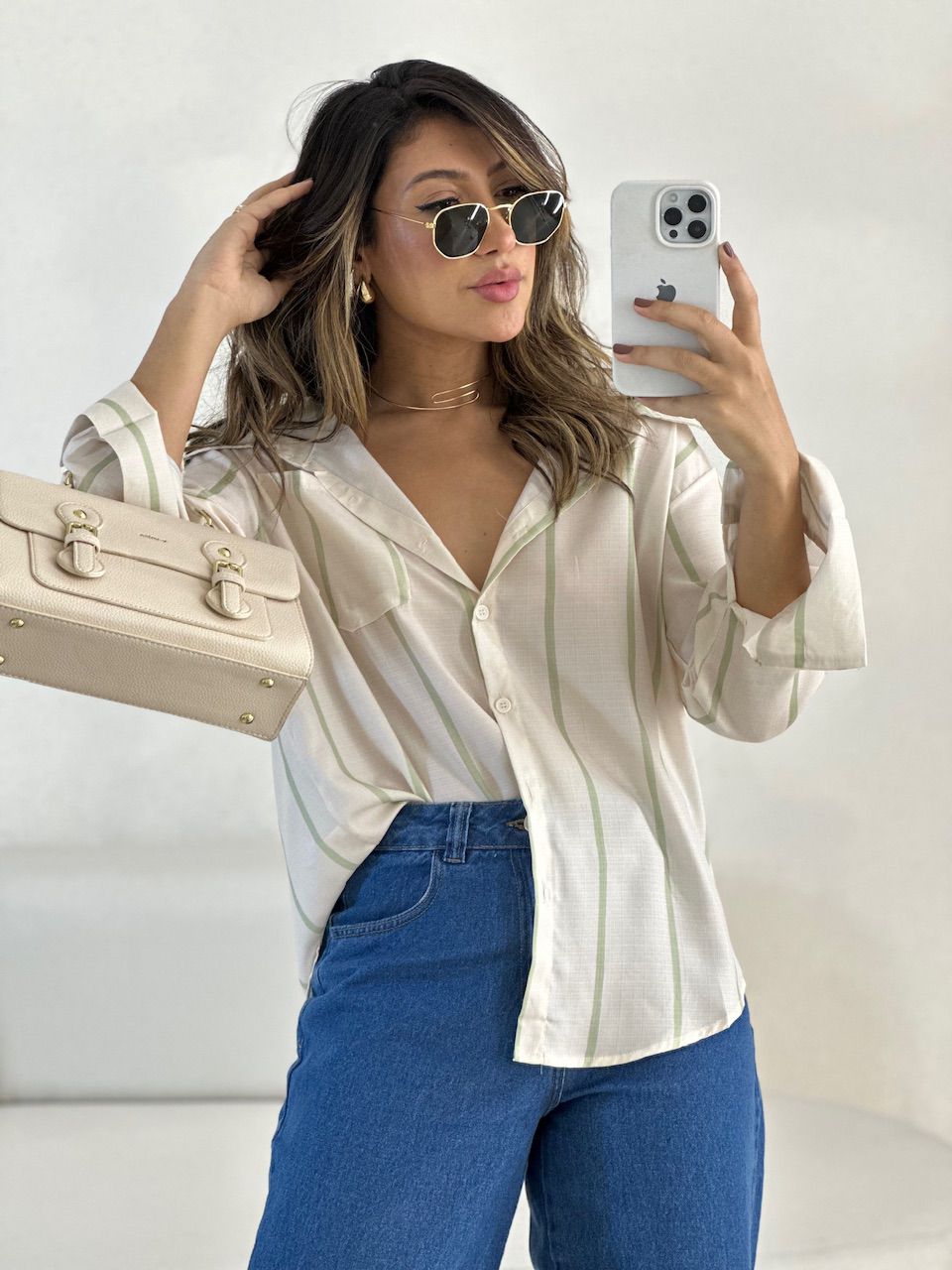 CAMISA MARINA LISTRADA CRU - 0054380132 - CAROLLA FERRARO