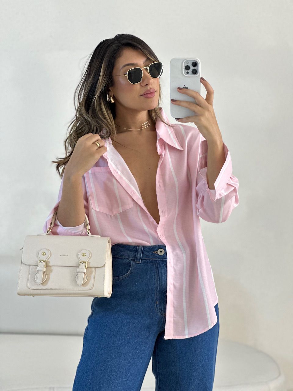 CAMISA MARINA LISTRADA ROSA - 0054380031 - CAROLLA FERRARO