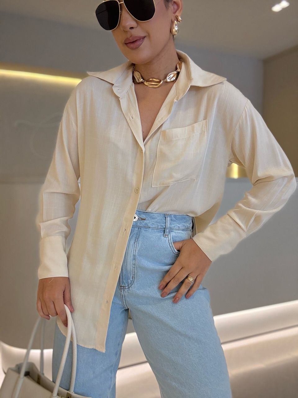 CAMISA PAULA BASIC AREIA - 0066640110 - CAROLLA FERRARO