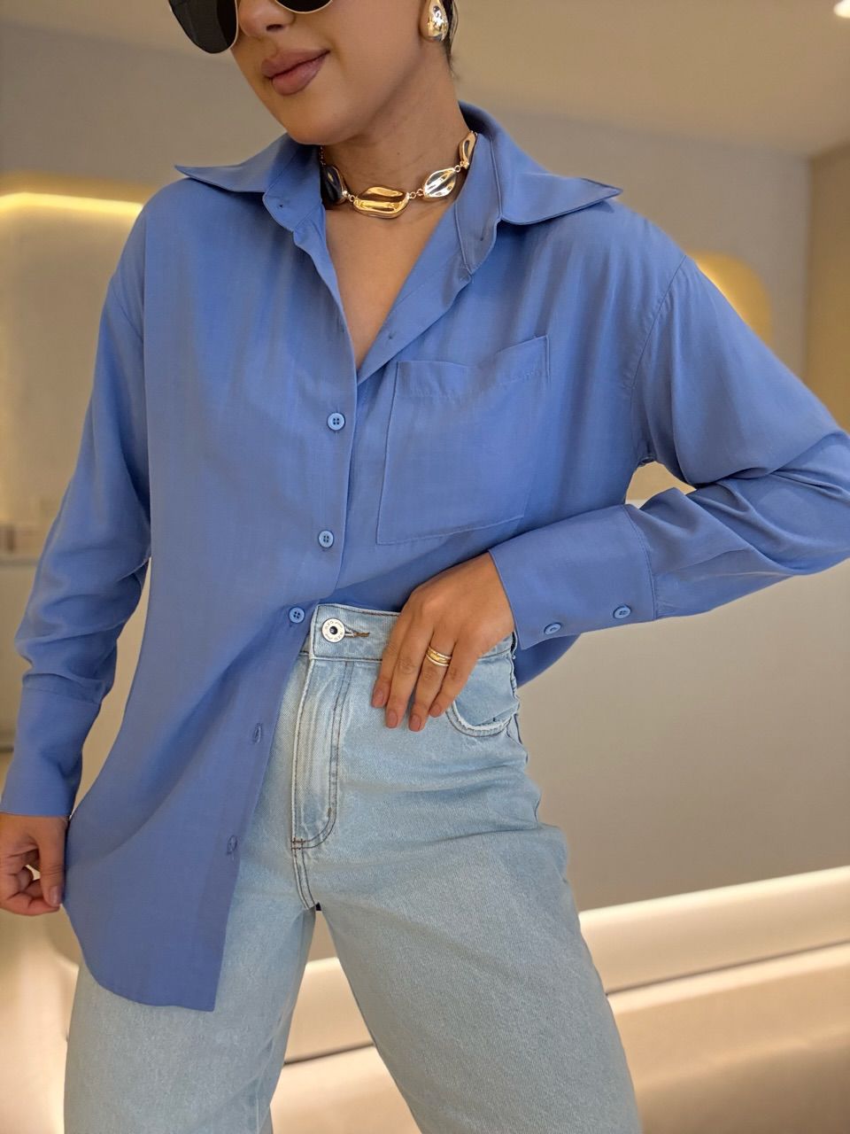 CAMISA PAULA BASIC AZUL - 0066640109 - CAROLLA FERRARO