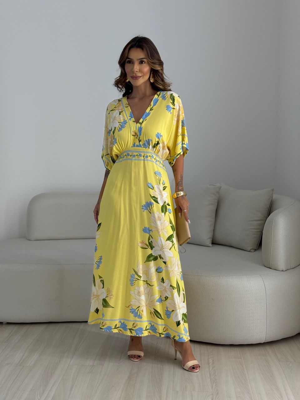 VESTIDO VANUSA ESTAMPADO AMARELO - 0067740111 - CAROLLA FERRARO