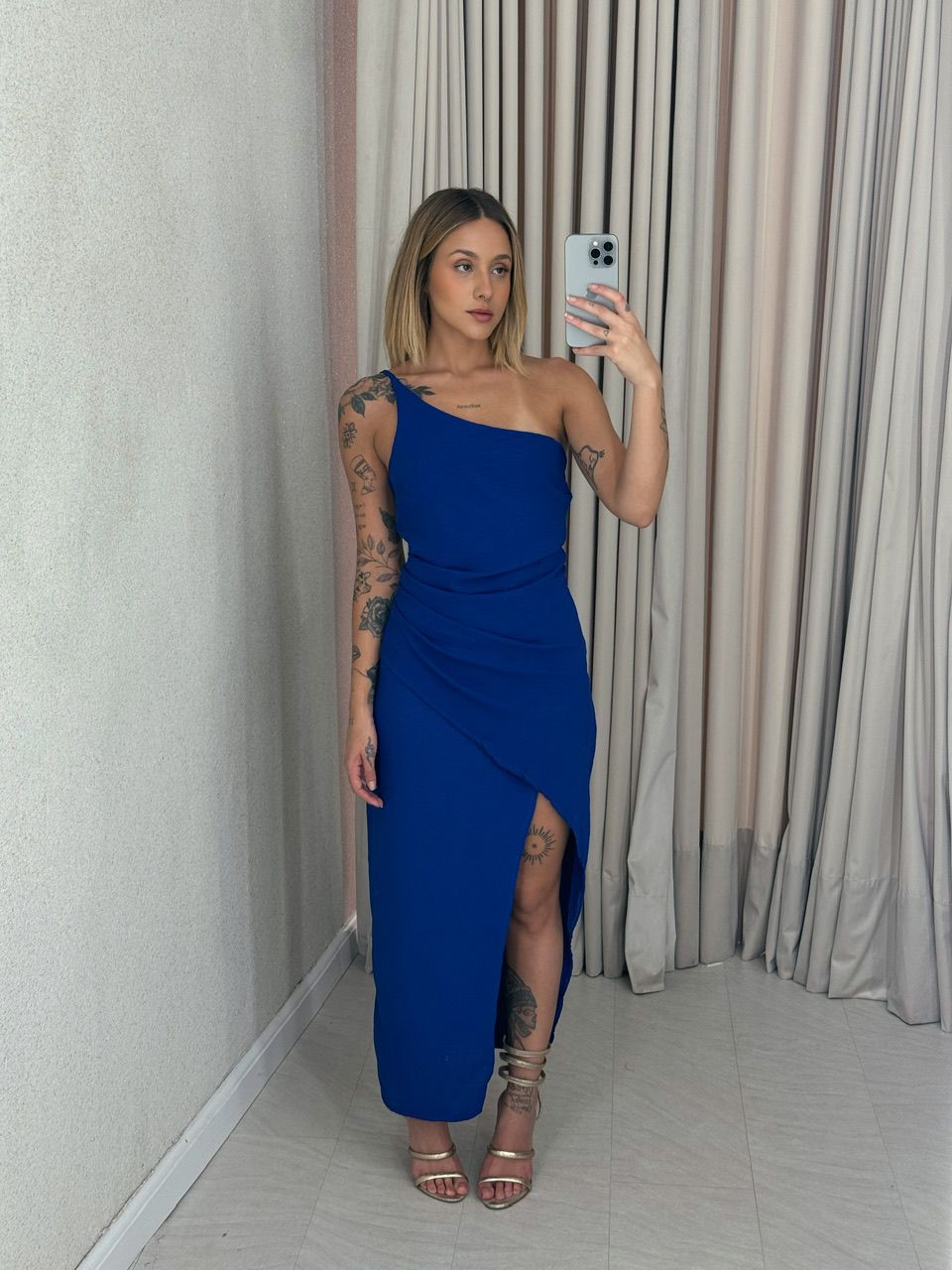 VESTIDO FENDA 02 DRAPEADO AZUL