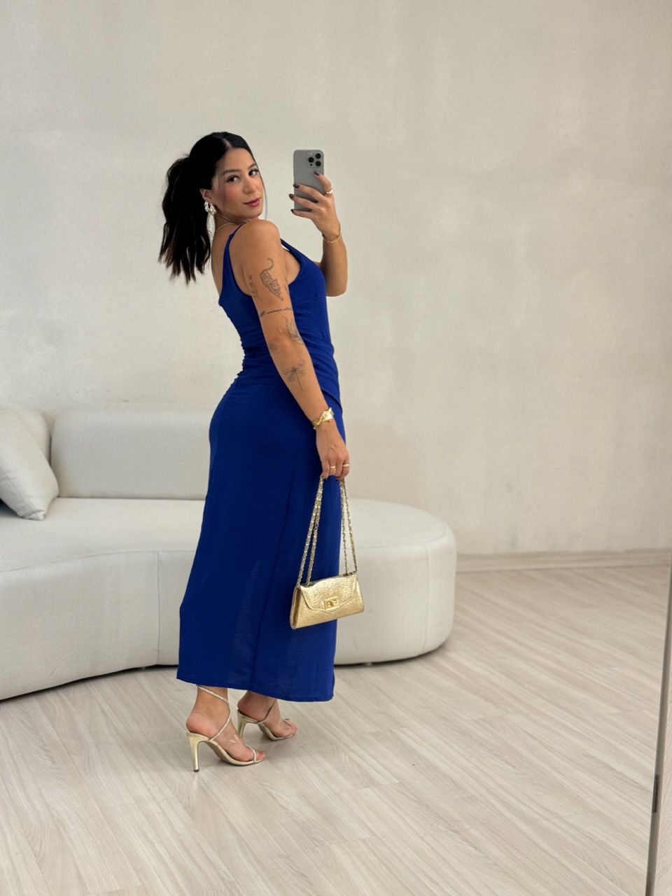VESTIDO FENDA 02 DRAPEADO AZUL