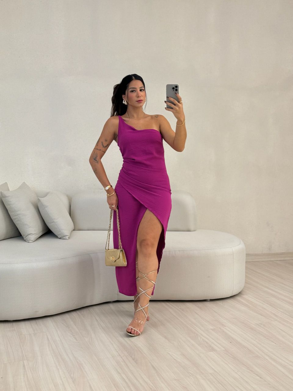 VESTIDO FENDA 02 DRAPEADO FUCSIA