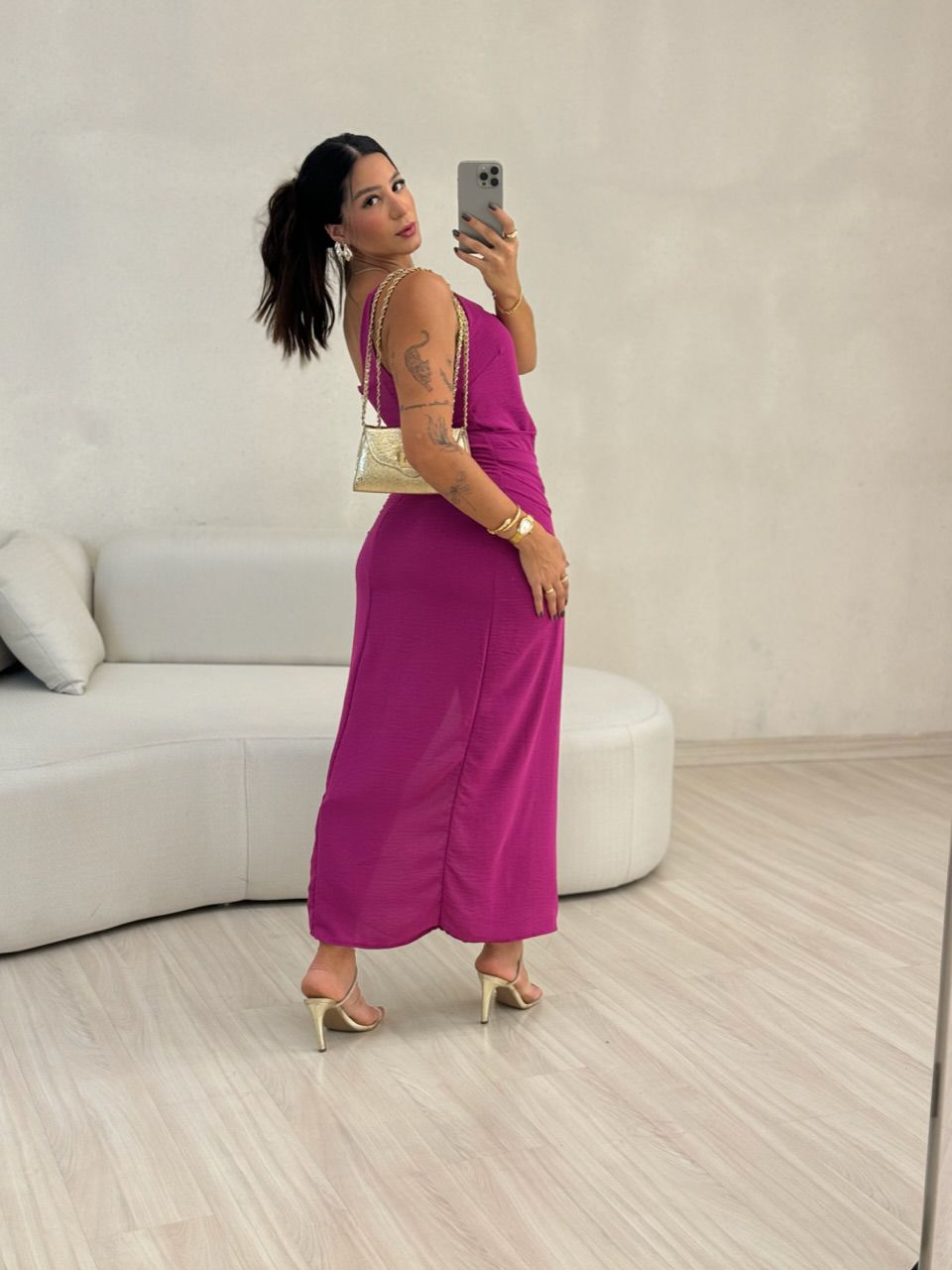 VESTIDO FENDA 02 DRAPEADO FUCSIA