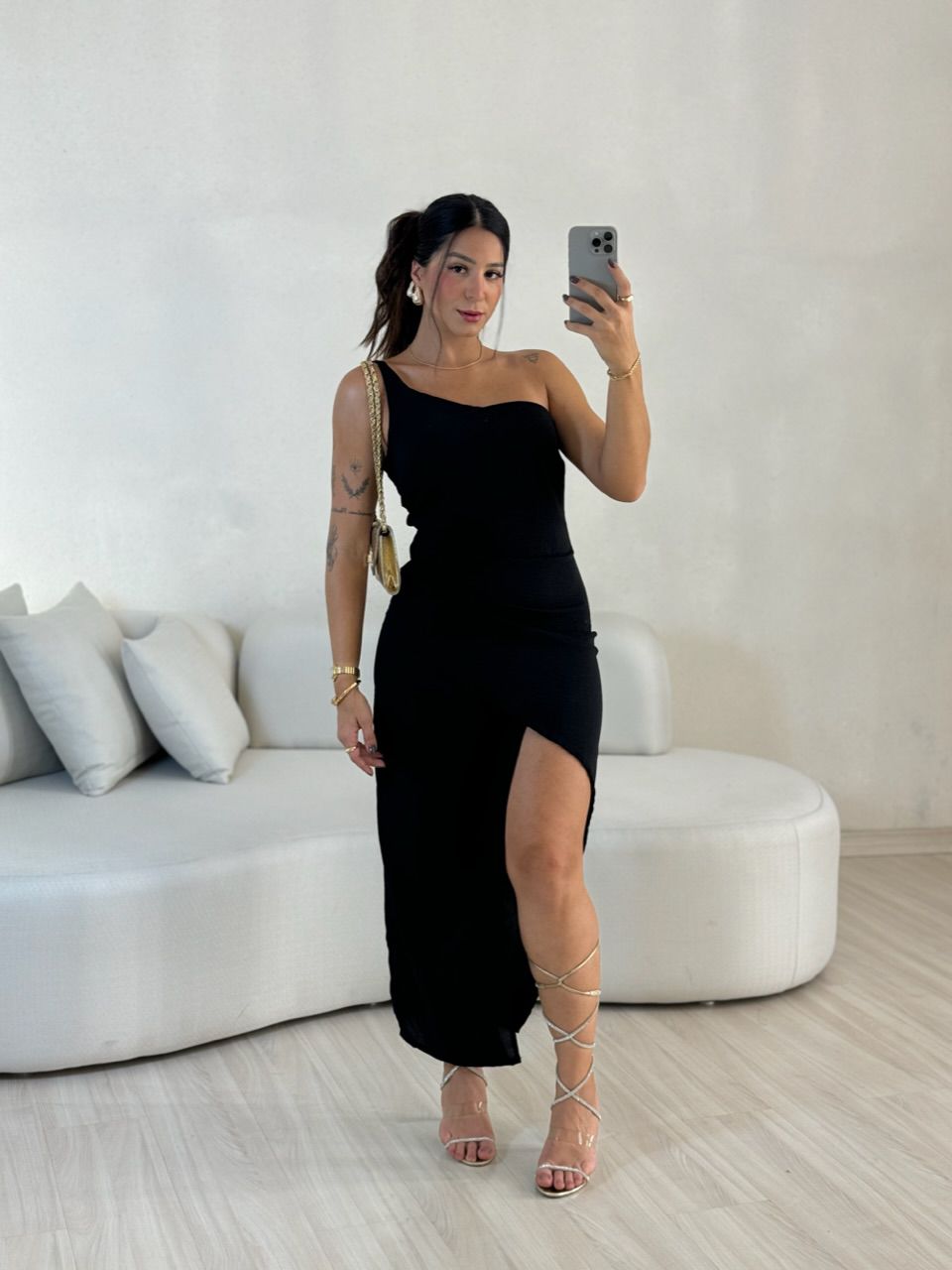 VESTIDO FENDA 02 DRAPEADO PRETO