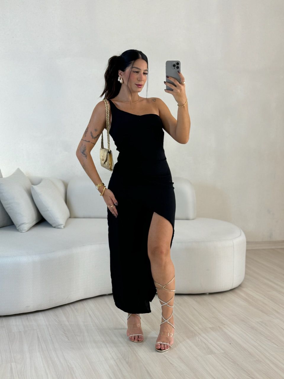 VESTIDO FENDA 02 DRAPEADO PRETO