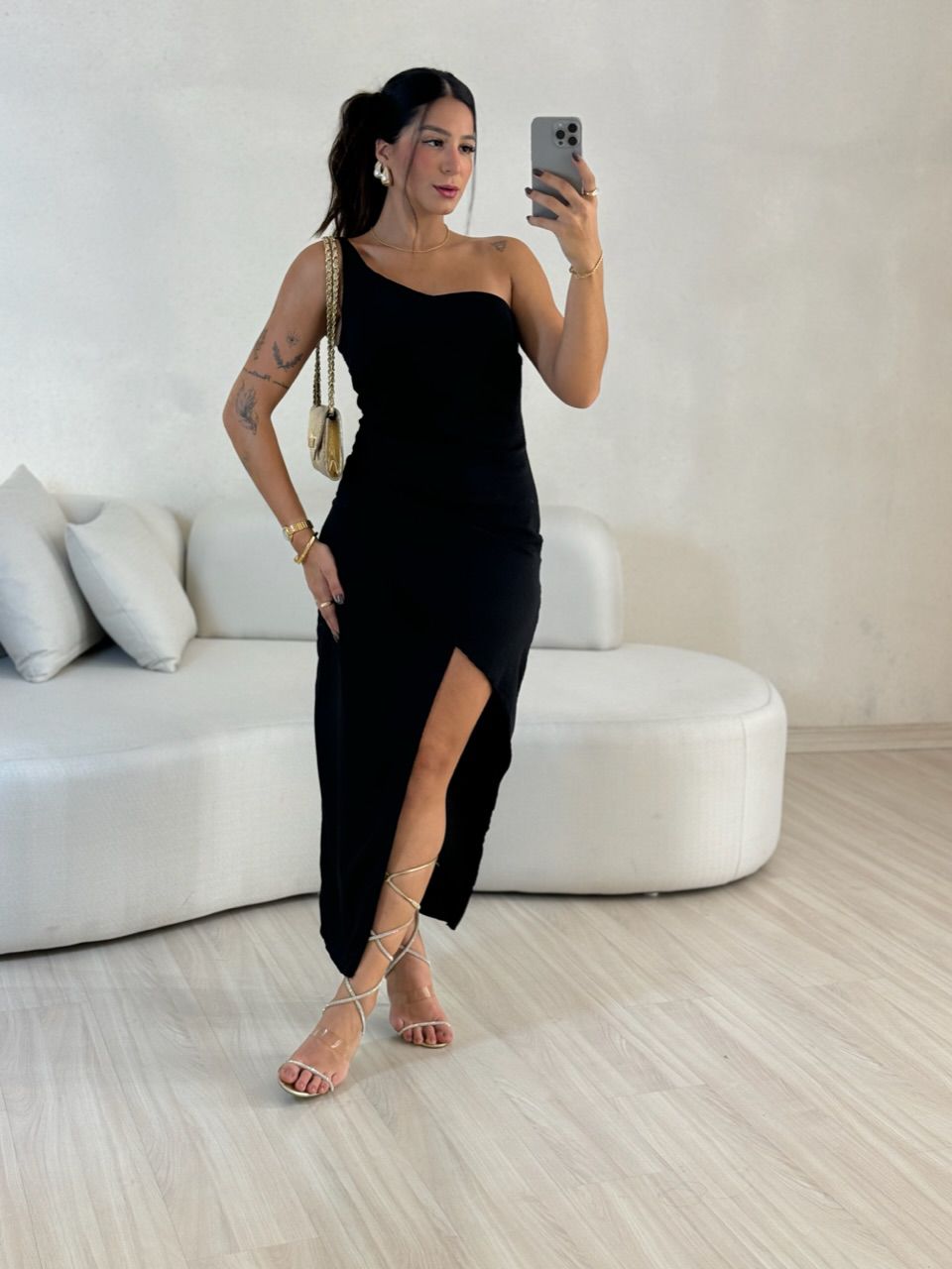 VESTIDO FENDA 02 DRAPEADO PRETO