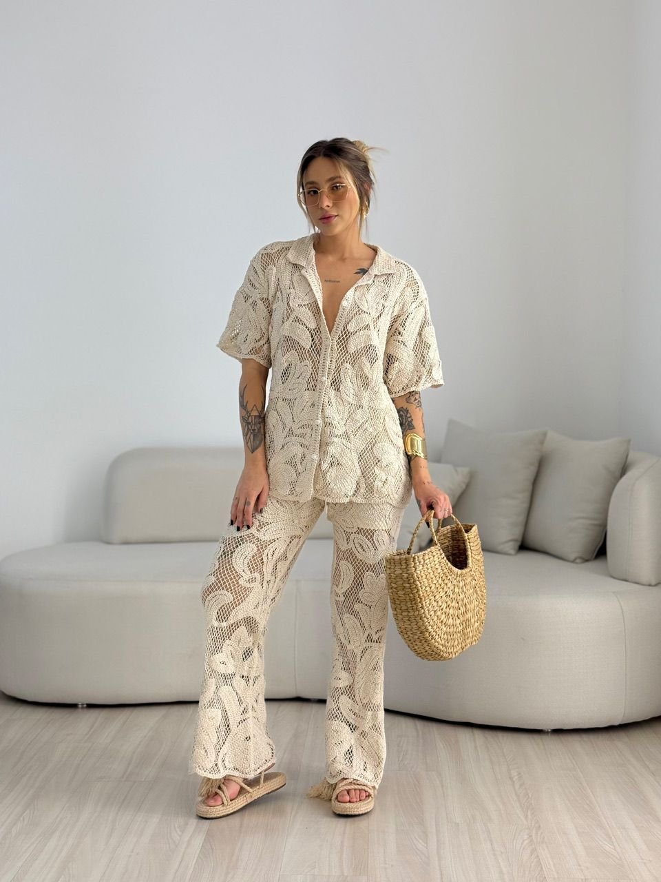 CALÇA LENI CROCHÊ CRU