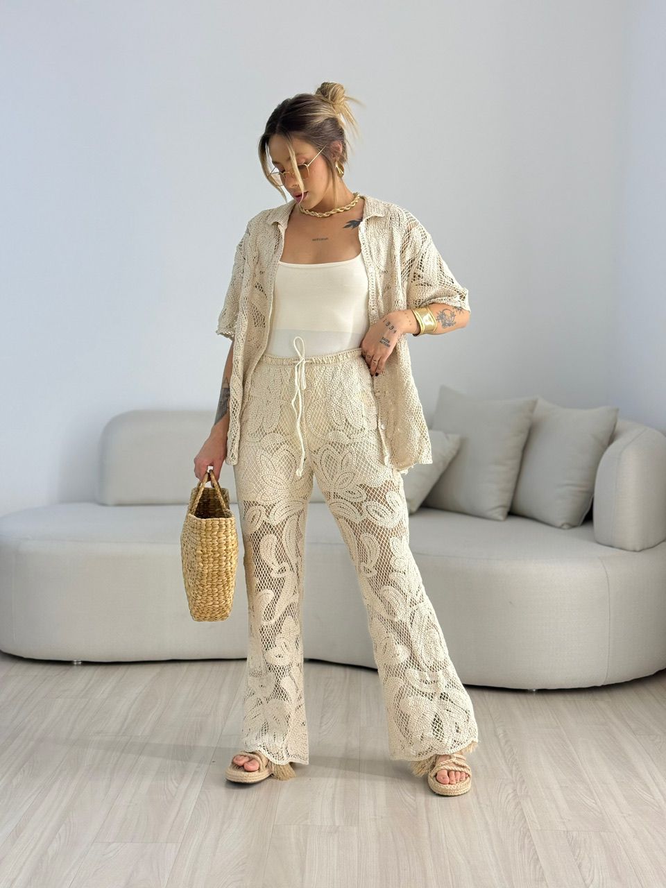 CALÇA LENI CROCHÊ CRU