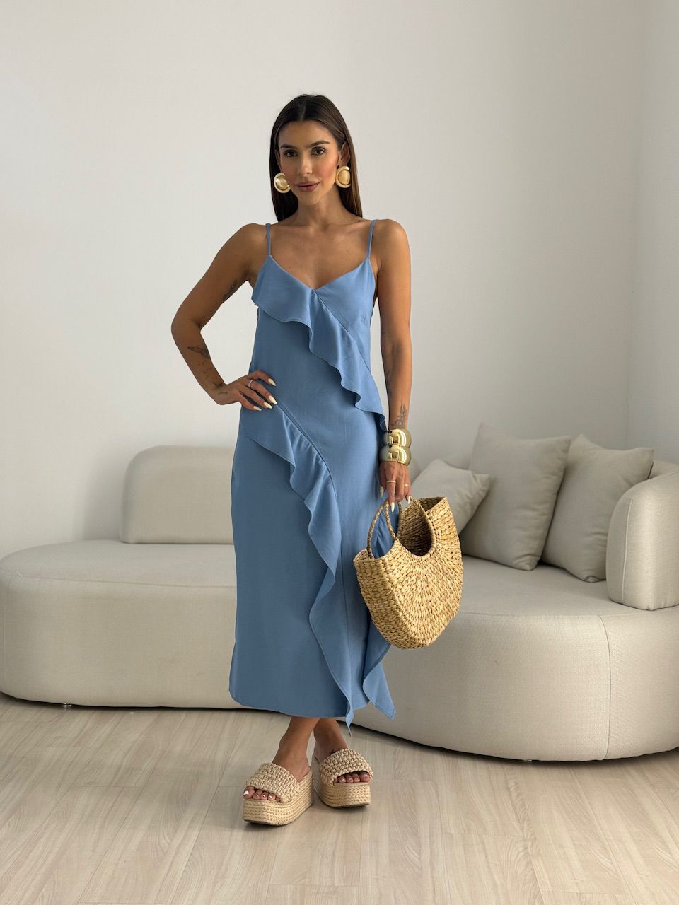 VESTIDO ALANIS BABADO BLUE JEANS - 0069410433 - CAROLLA FERRARO