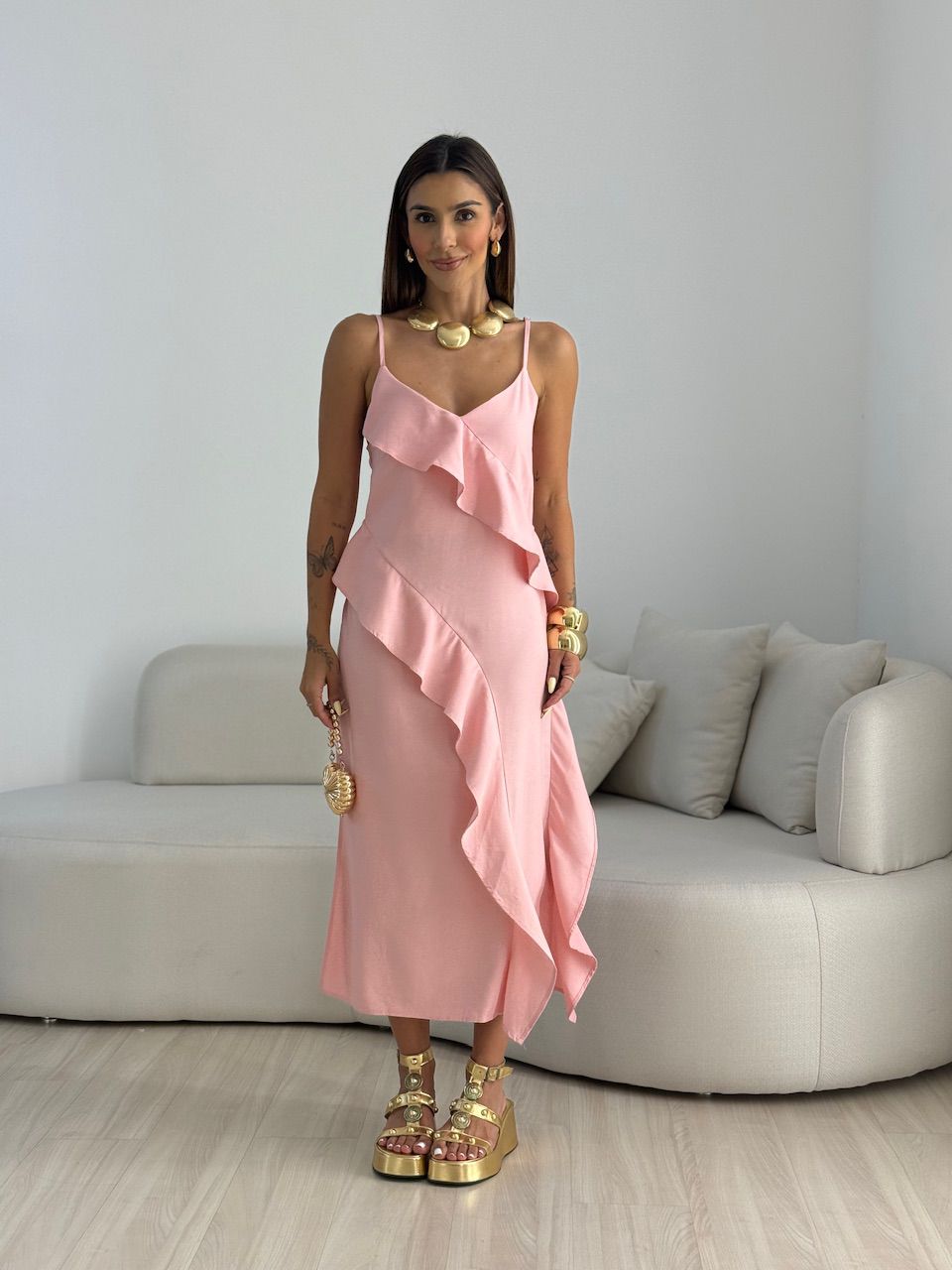 VESTIDO ALANIS BABADO Rose - 0069410026 - CAROLLA FERRARO