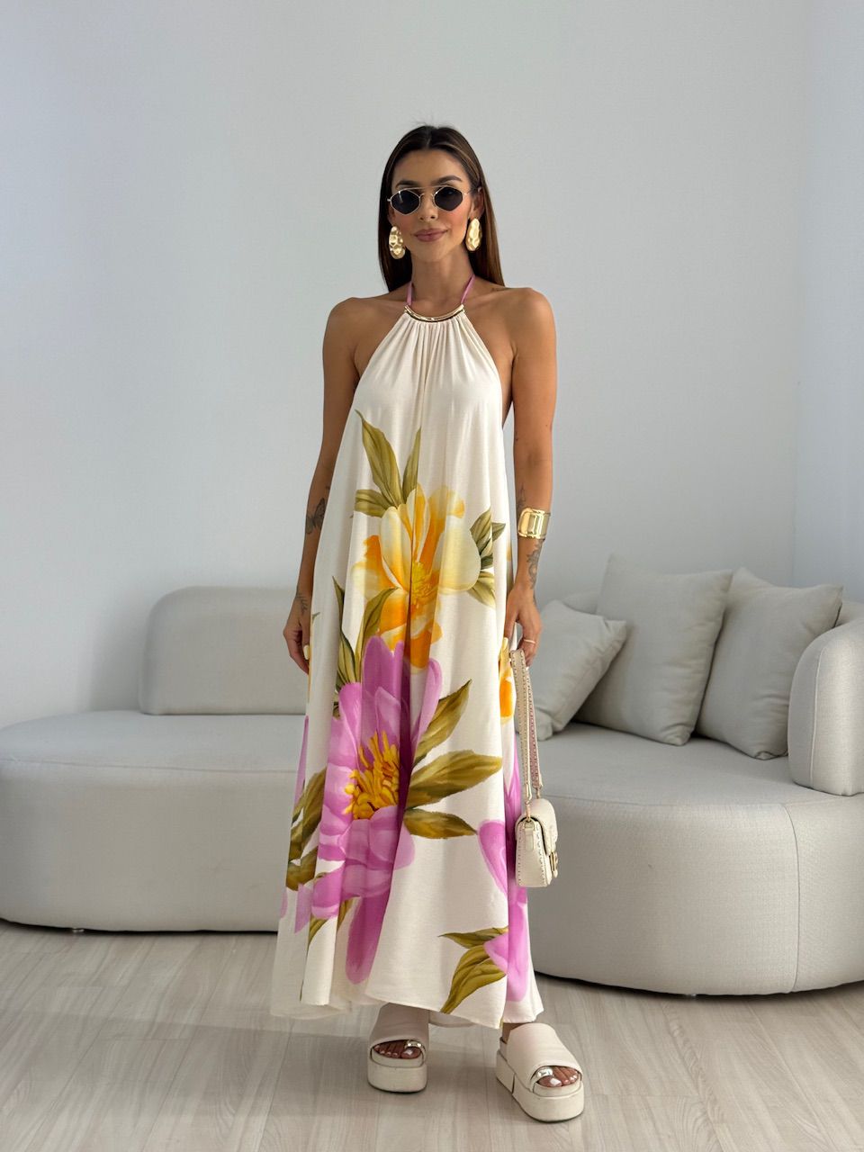 VESTIDO SUZANA FLORES MARFIM - 0069380056 - CAROLLA FERRARO