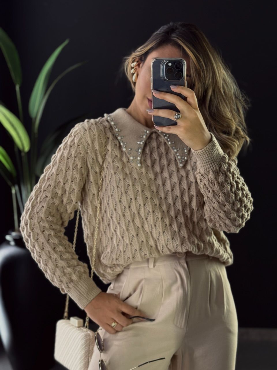 SUÉTER GOLA STRASS NUDE