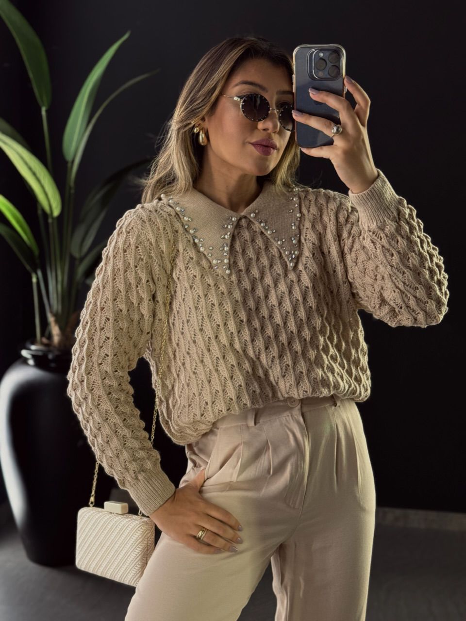 SUÉTER GOLA STRASS NUDE - 0049830049 - CAROLLA FERRARO
