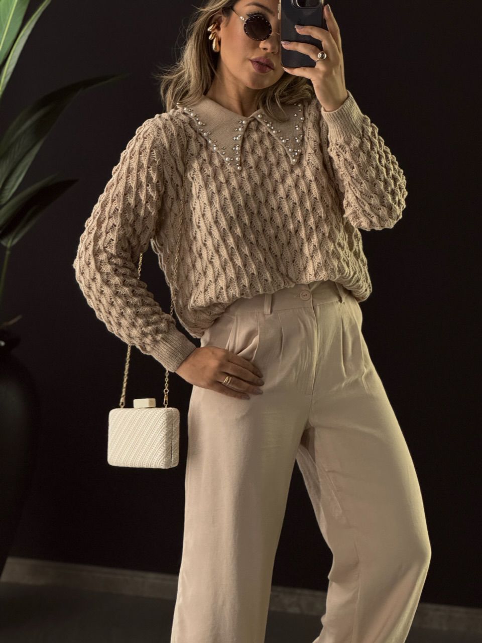 SUÉTER GOLA STRASS NUDE