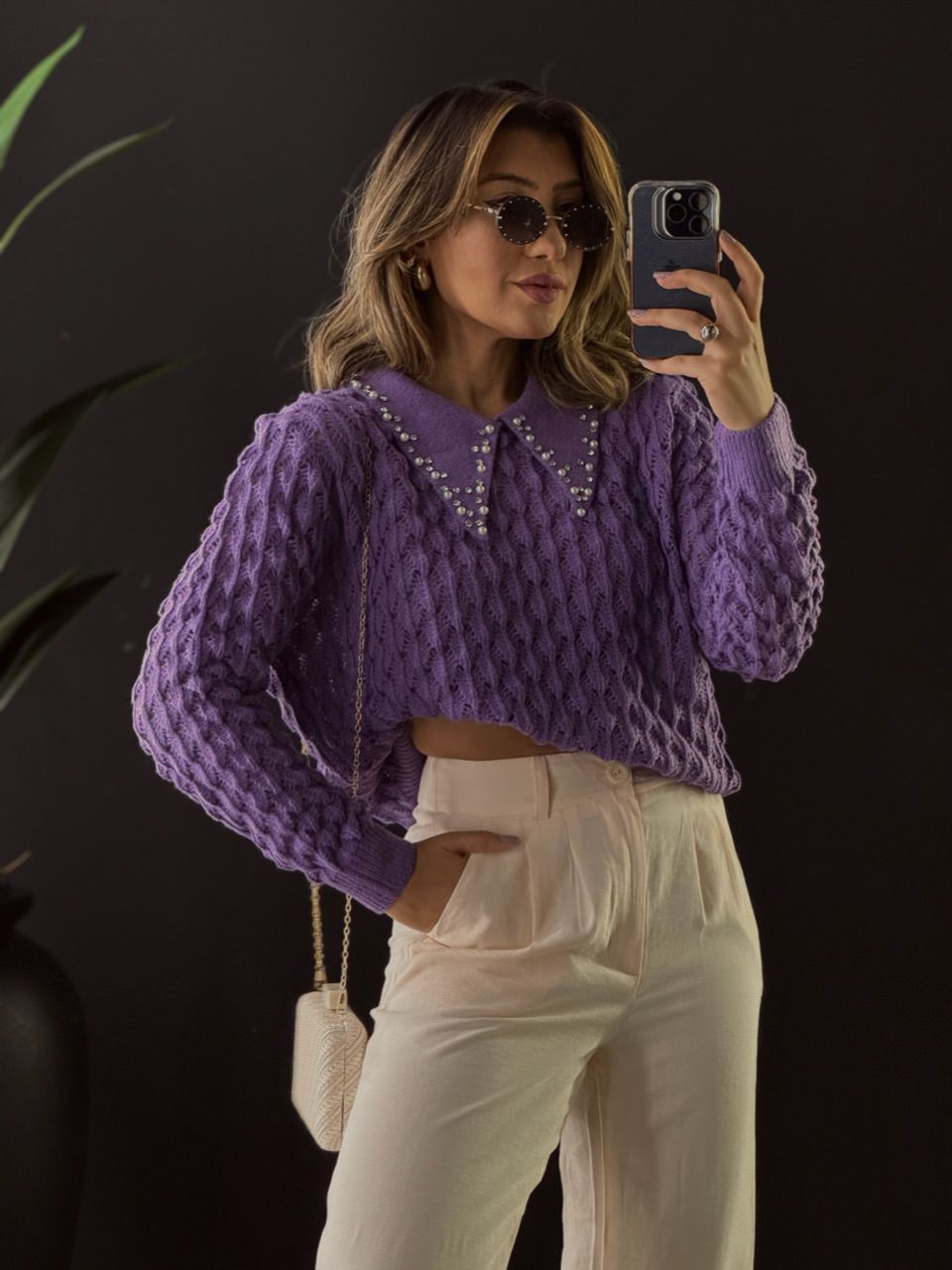 SUÉTER GOLA STRASS ROXO - 0049830023 - CAROLLA FERRARO