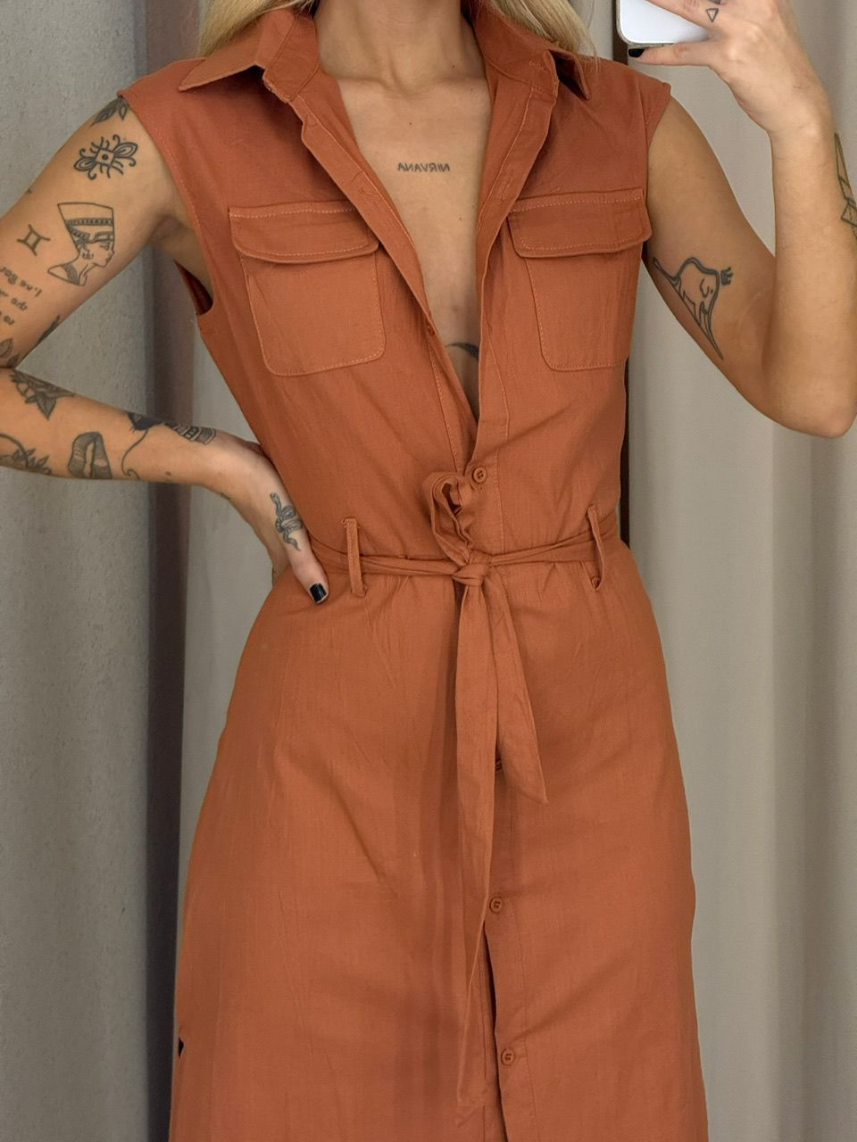 VESTIDO THAMIRES BOTÕES TELHA
