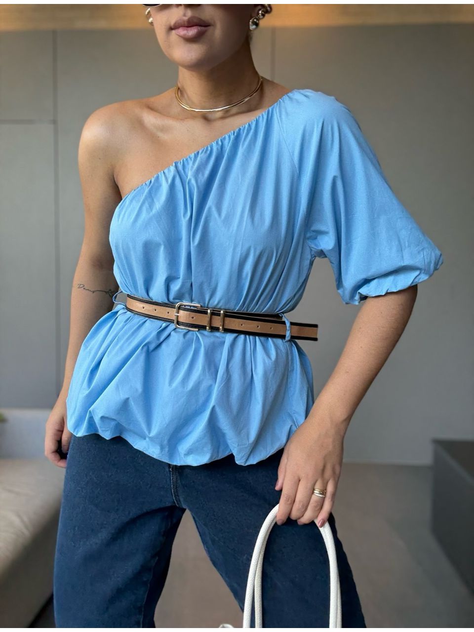 BLUSA VANESSA BALONÊ AZUL - 0066060109 - CAROLLA FERRARO