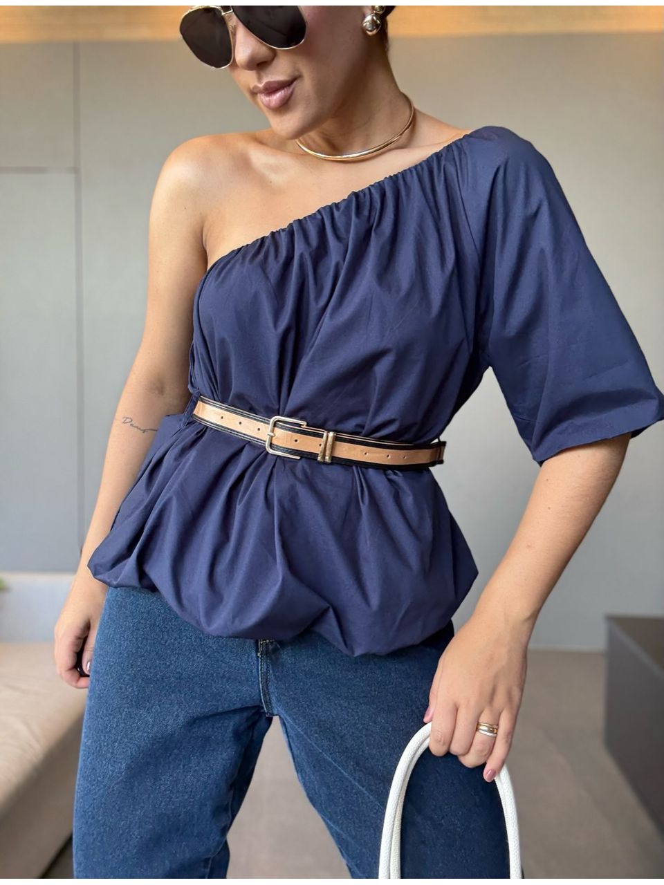 BLUSA VANESSA BALONÊ MARINHO - 0066060055 - CAROLLA FERRARO