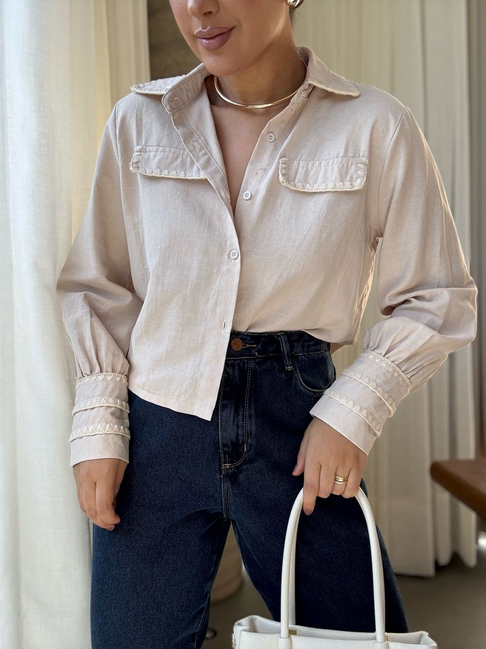 CAMISA ARIANE DETALHE NUDE - 0065980049 - CAROLLA FERRARO