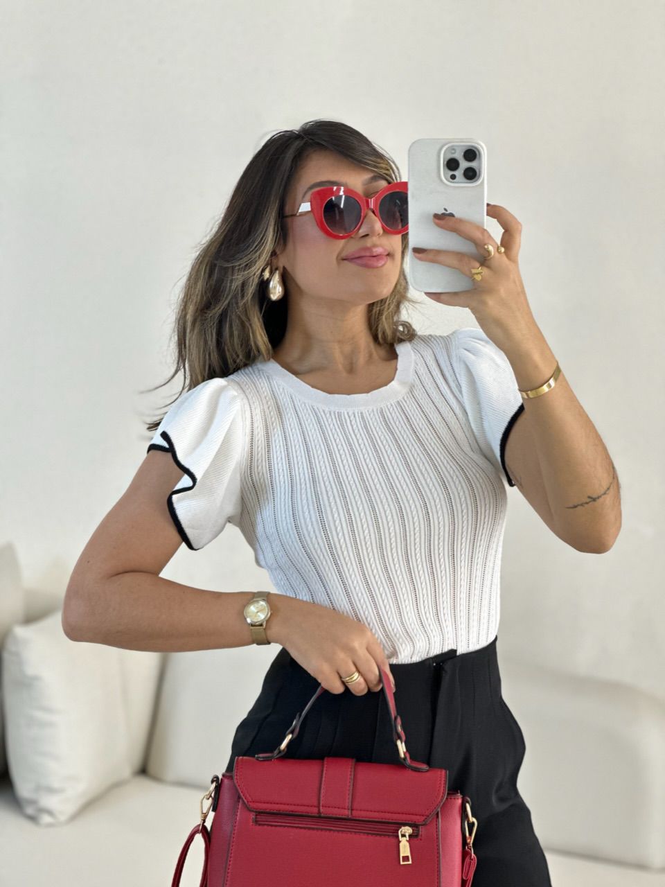 BLUSA LARA TRICOT MANGA BABADO OFF - 0055490048 - CAROLLA FERRARO