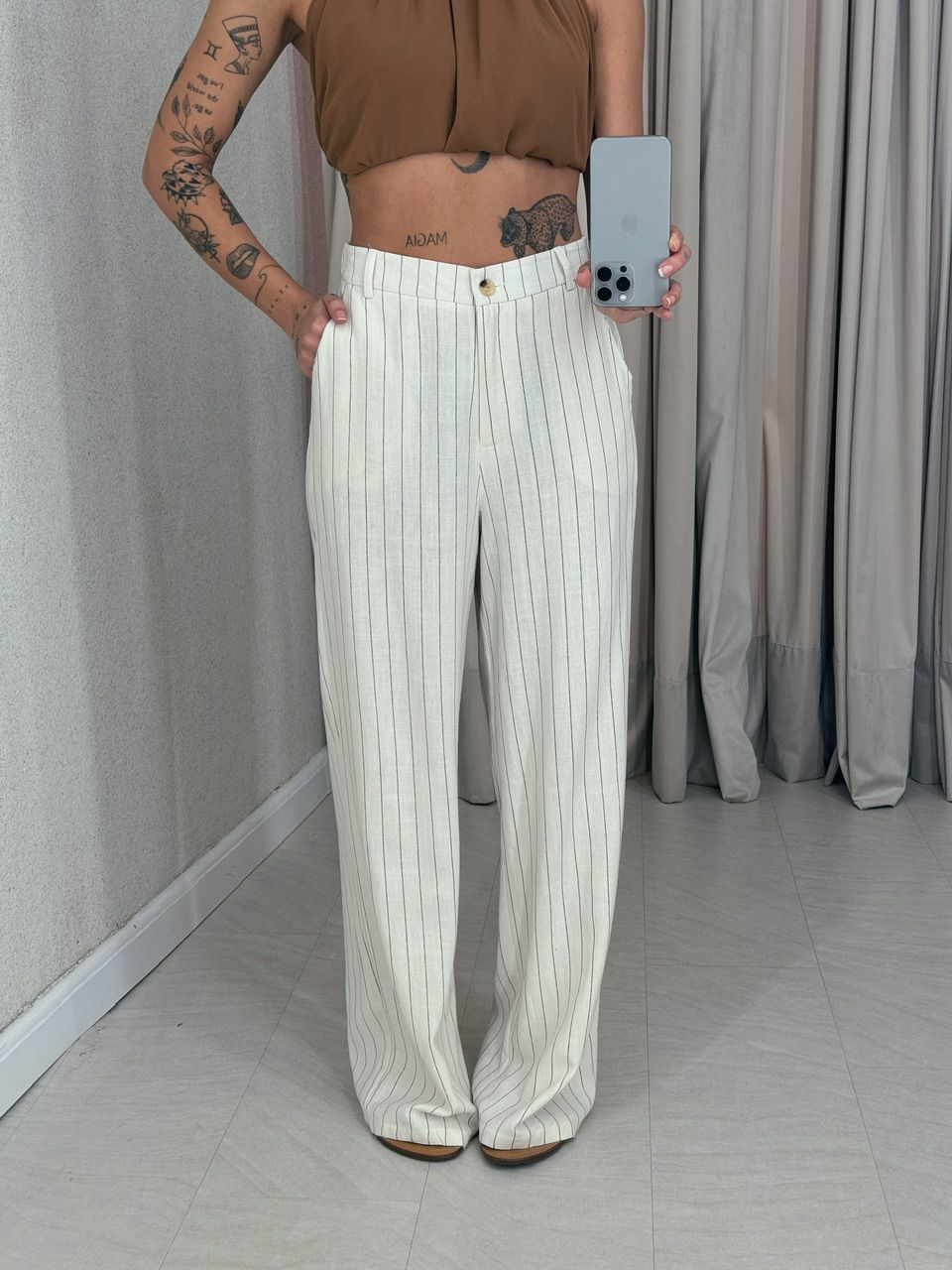 CALÇA NAYARA LINHO CRU/MARROM