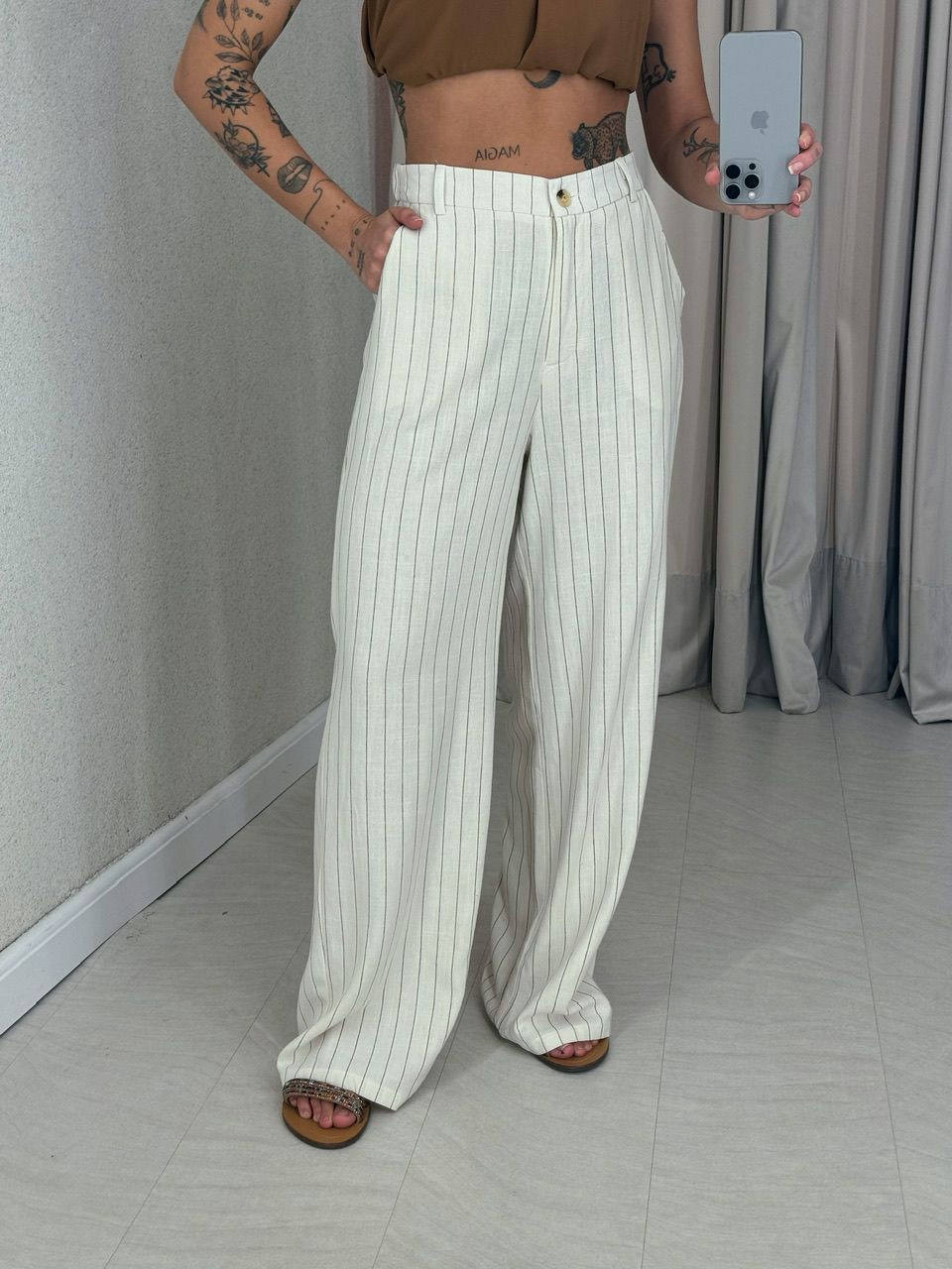 CALÇA NAYARA LINHO CRU/MARROM - 0056480392 - CAROLLA FERRARO