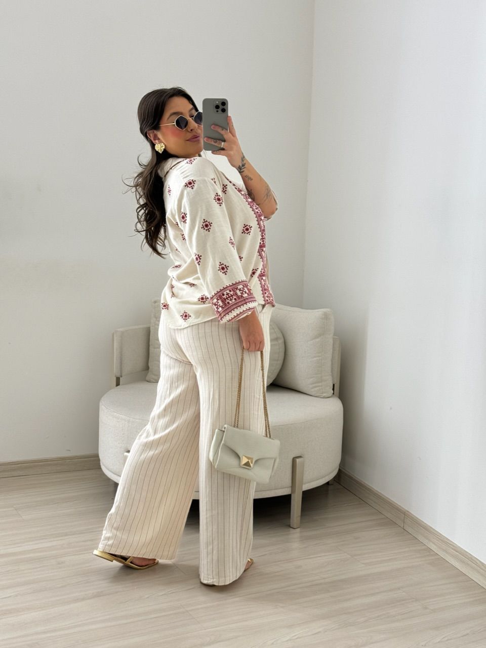 CALÇA NAYARA LINHO CRU/VERMELHO