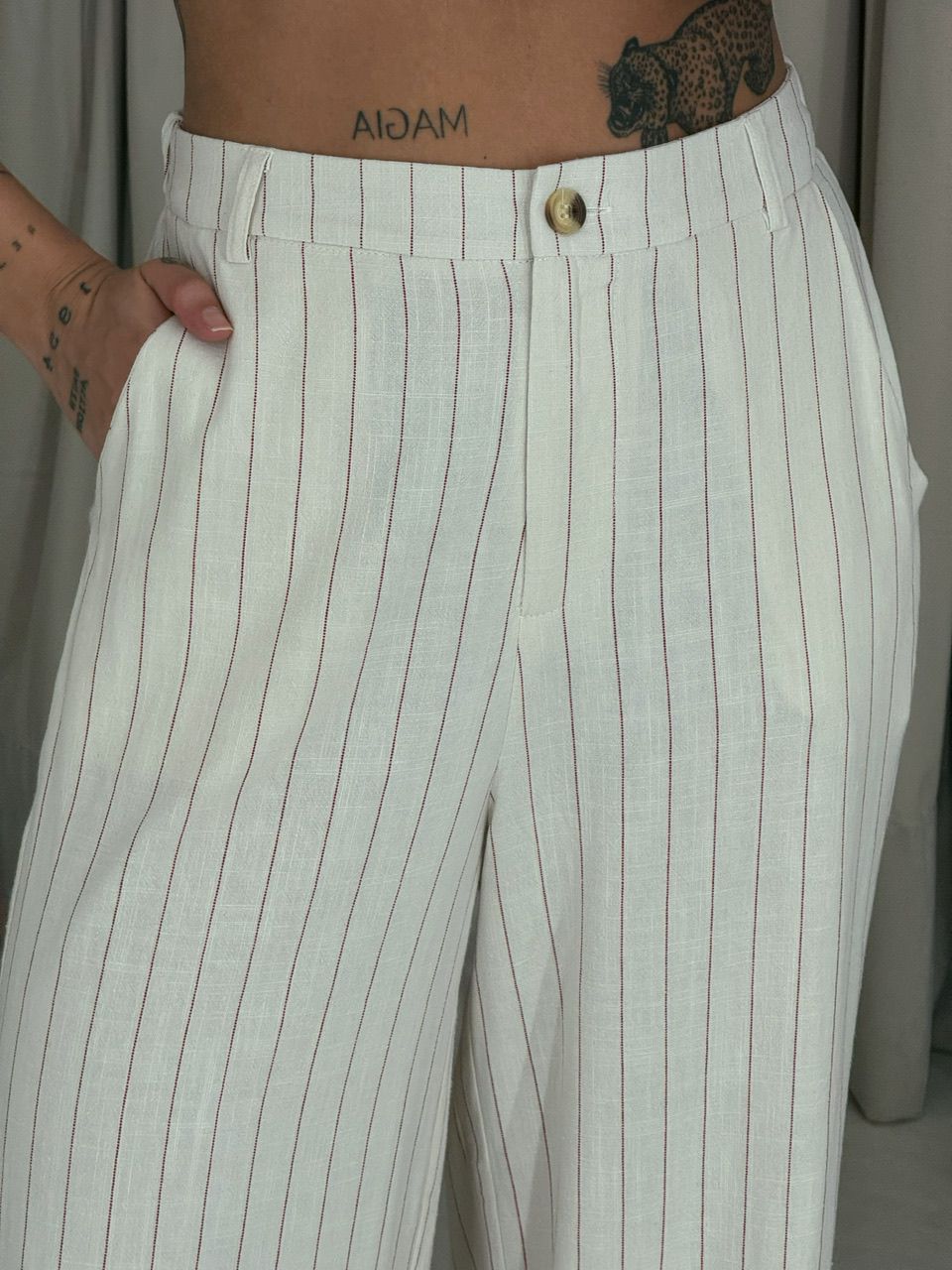 CALÇA NAYARA LINHO CRU/VERMELHO