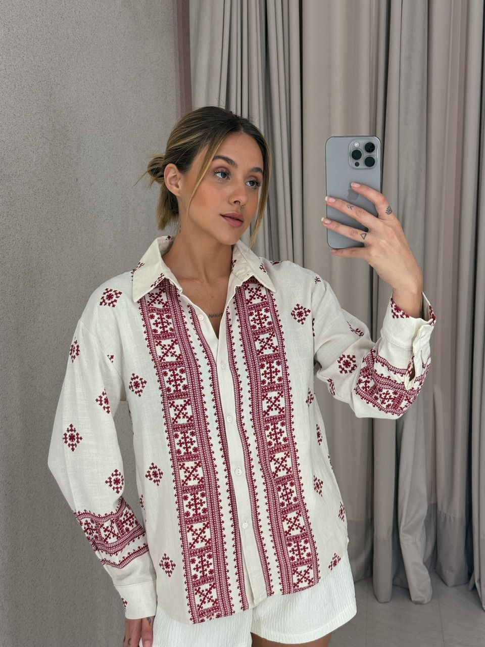 CAMISA ÉTNICA LINHO vermelha - 0056490007 - CAROLLA FERRARO